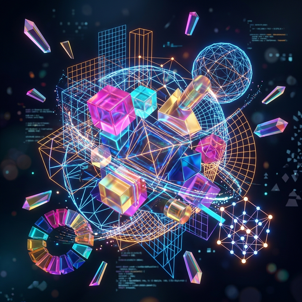 Abstract creative design elements like digital wireframes and colorful geometric shapes, 3d render, high quality