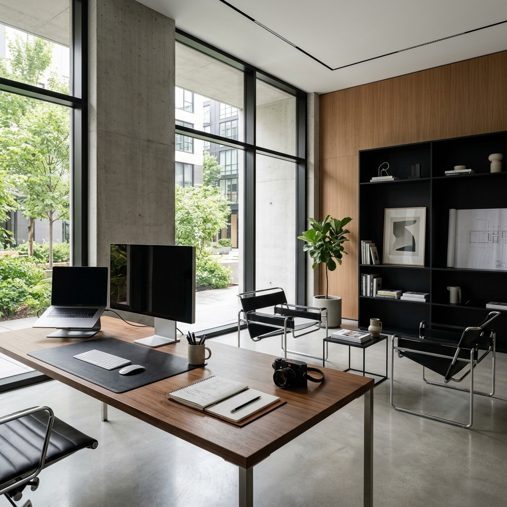 A modern, minimalist office space with creative tools, high end, architectural, sleek, no people